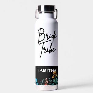 Botella De Agua Nombre de "Bride Tribe" floral minimalista negro