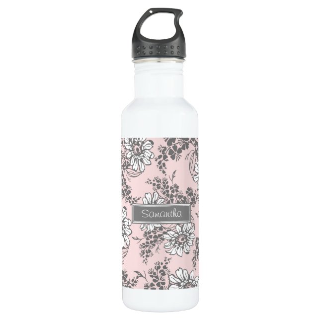 Botella De Agua Nombre de encargo floral gris rosado (Anverso)