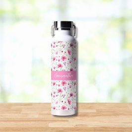 Botella De Agua Nombre de flor silvestre acuarela rosa 
