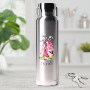 Botella De Agua Nombre de Golf Rosa Monograma