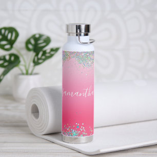 Botella De Agua Nombre de guión de monograma rosa brillo glamour f