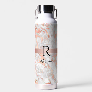 Botella De Agua Nombre de guión/Monograma Blk, mármol de oro rosa 