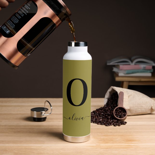 Botella De Agua Nombre De Guión Monograma Oro Personalizado Y Negr (Café)