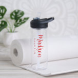 Botella De Agua Nombre de guión rojo personalizado<br><div class="desc">Botella de agua transparente personalizado con tu nombre de pila mostrado en un guión rojo y negrita con tu apellido mostrado en letras modernas debajo. La botella de agua simple y personalizada también se puede usar para mostrar su nombre de organización o negocio.</div>