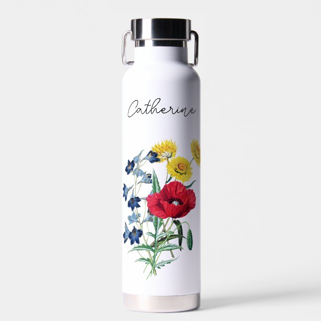 Botella De Agua Nombre de las flores de margarita de adormidera re (Delantero)