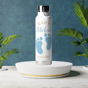 Botella De Agua Nombre de las huellas del bebé azul