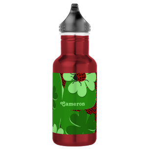 Botella De Agua Nombre de mariquita y hoja de trébol mono