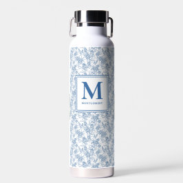 Botella De Agua Nombre de monograma azul Toile francés