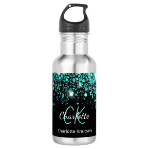 Botella De Agua Nombre de monograma brillante azul teal negro glam