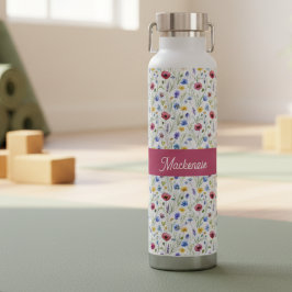 Botella De Agua Nombre de monograma de acuarela de flor silvestre 
