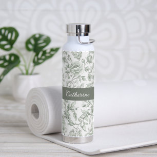 Botella De Agua Nombre de monograma de toile vintage floral verde