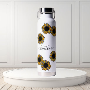 Botella De Agua Nombre de monograma del leopardo del girasol perso