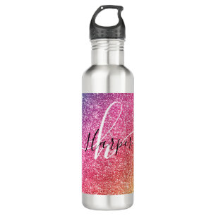 Botella De Agua Nombre de monograma del Purpurina arcoiris