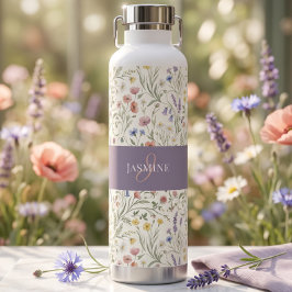 Botella De Agua Nombre de monograma Floral Flor silvestre Boho Lav