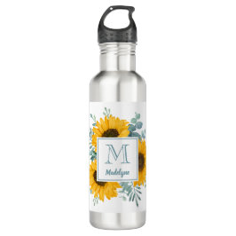 Botella De Agua Nombre de monograma girasol personalizado