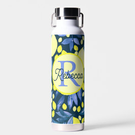 Botella De Agua Nombre de monograma mediterráneo chic limones hoja