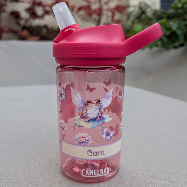 Botella De Agua Nombre de niños de Woodland Fairy Frog & Water Lil (fairy frog book lover reading frog and yellow buttercup flower frog design name)