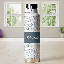 Botella De Agua Nombre de patrón botánico acuarela azul