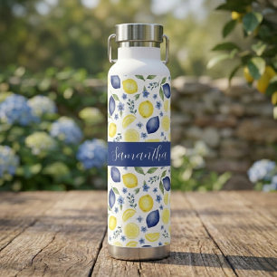 Botella De Agua Nombre de patrón de limón country francés azul