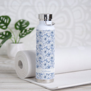 Botella De Agua Nombre de patrón floral de acuarela azul moderno