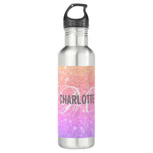 Botella De Agua Nombre del monograma del purpurina del arco iris m