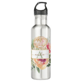 Botella De Agua Nombre del Monograma Peony y Flores de Oro