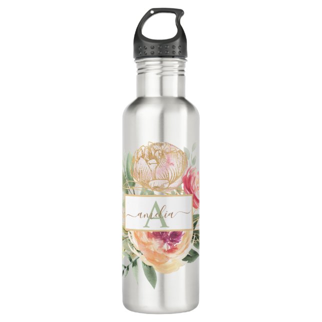 Botella De Agua Nombre del Monograma Peony y Flores de Oro (Anverso)