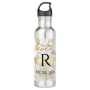Botella De Agua  Nombre DIY y Monograma Blk Textos, Mármol blanco