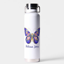 Botella De Agua Nombre floral de mariposa dorada rosa azul lindo