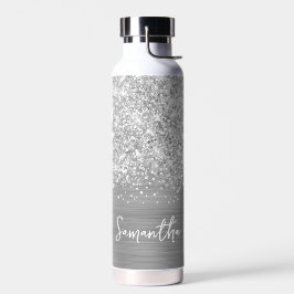 Botella De Agua Nombre Glam Plateado Brillante