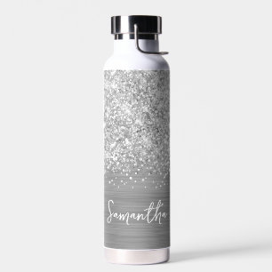 Botella De Agua Nombre Glam Plateado Brillante