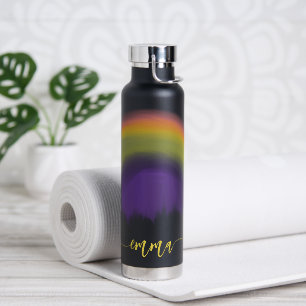 Botella De Agua Nombre guión colorido arcoíris personalizado negro