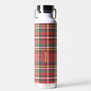 Botella De Agua Nombre inicial de guión monograma Plaid rojo