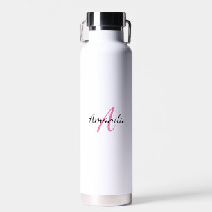 Botella De Agua Nombre Mínimo + Monograma Inicial Rosa