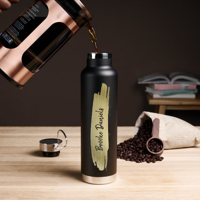 Botella De Agua Nombre moderno elegante negro y oro (Café)