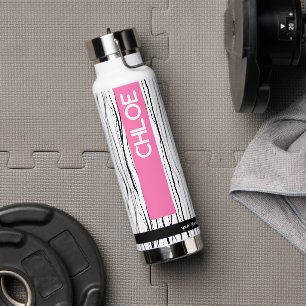 Botella De Agua Nombre moderno rosa y negro personalizado
