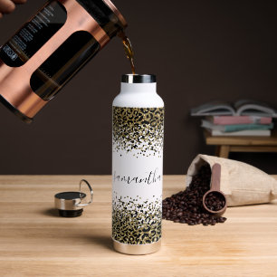 Botella De Agua Nombre Monograma Estampado Leopardo Negro Dorado C