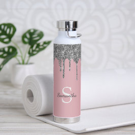 Botella De Agua Nombre Monograma Rosa Dorado Glitter Plateado