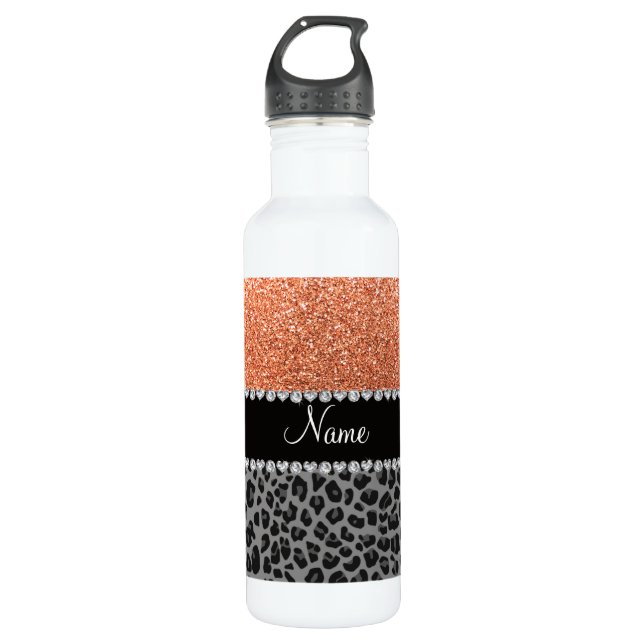 Botella De Agua Nombre naranja pastel purpurina leopardo negro (Anverso)
