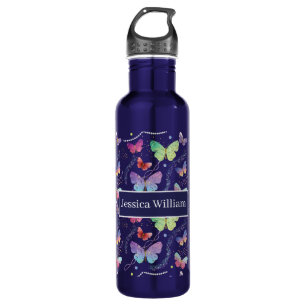 Botella De Agua Nombre personal Elegante Morado Brillante Mariposa