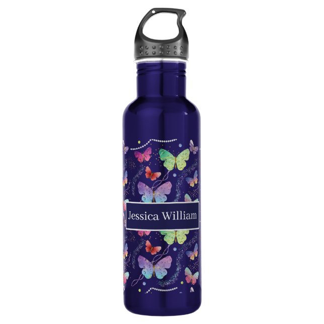 Botella De Agua Nombre personal Elegante Morado Brillante Mariposa (Anverso)