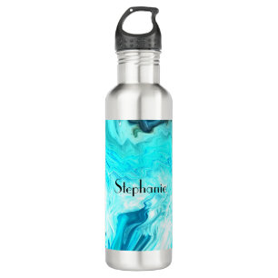 Botella De Agua Nombre personalizado Agate Gemstone Geode Art Azul