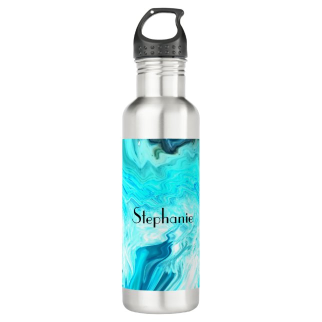 Botella De Agua Nombre personalizado Agate Gemstone Geode Art Azul (Anverso)