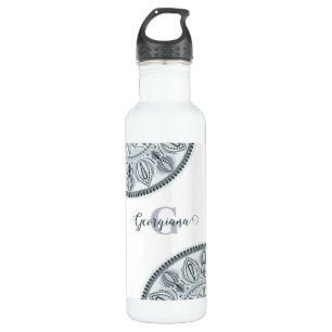 Botella De Agua Nombre personalizado Armonía floral Gris Monotone 