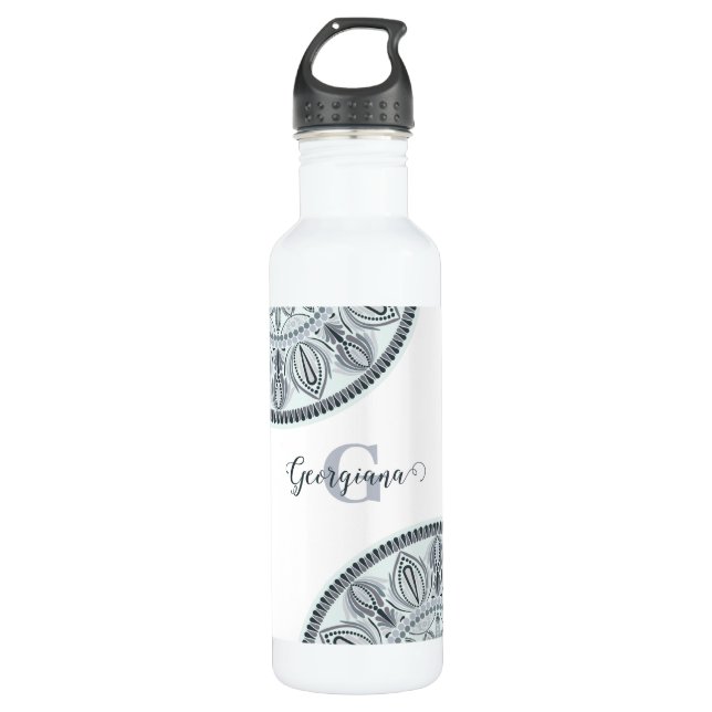 Botella De Agua Nombre personalizado Armonía floral Gris Monotone  (Anverso)