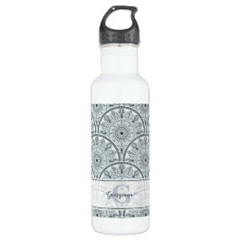Botella De Agua Nombre personalizado Art Deco Armonía floral Gris