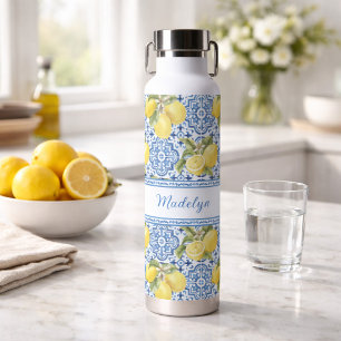 Botella De Agua Nombre Personalizado Baldosa Azul Mediterráneo Lim