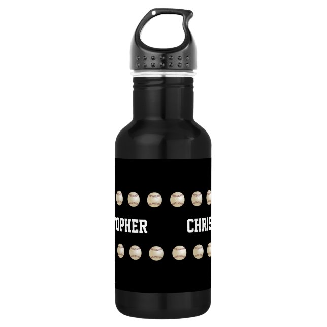 Botella De Agua Nombre personalizado, béisbol, negro (Anverso)