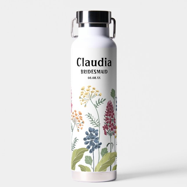 Botella De Agua Nombre personalizado Boda moderno Flores de campo  (Delantero)