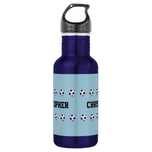 Botella De Agua Nombre personalizado, bolas de fútbol, azul 
